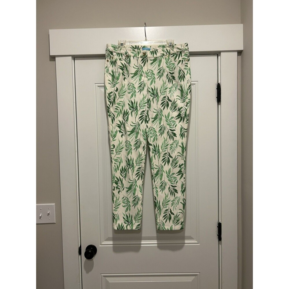 J. McLaughlin White Jeans with Green Leaf Design Size 14 Preppy Coastal Resort